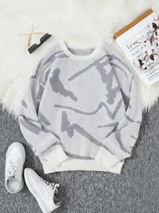 Men's Pop Art Graphic Geometric Print Drop Shoulder Sweater, Regular Fit Casual Colorblock Knitted Pullover Long Sleeve Round Neck Jumper For Fall, Fashion Men's Knitwear For Daily Wear