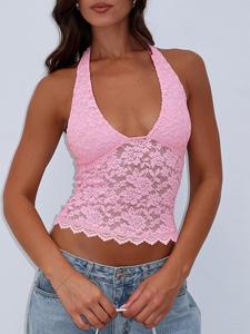 Women's Halter Neck Tank Top, Sleeveless Top for Summer, Fashion Women's Top for Daily Wear, Lace Cami