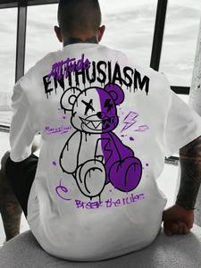 Men's Cartoon Bear & Letter Print Drop Shoulder Tee, Regular Fit Casual Street Soft Comfy Round Neck Half Sleeve T-Shirt for Summer, Menswear for Daily Wear