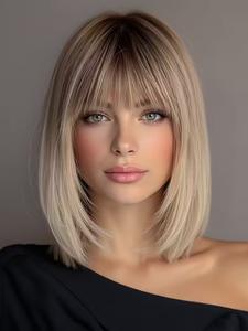 12 Inch Wig, Full Bangs, Heat Resistant Fiber, Straight Hair, Natural Look, Suitable for Daily Use, Casual Wear, Special Occasions, Synthetic Machine Wigs