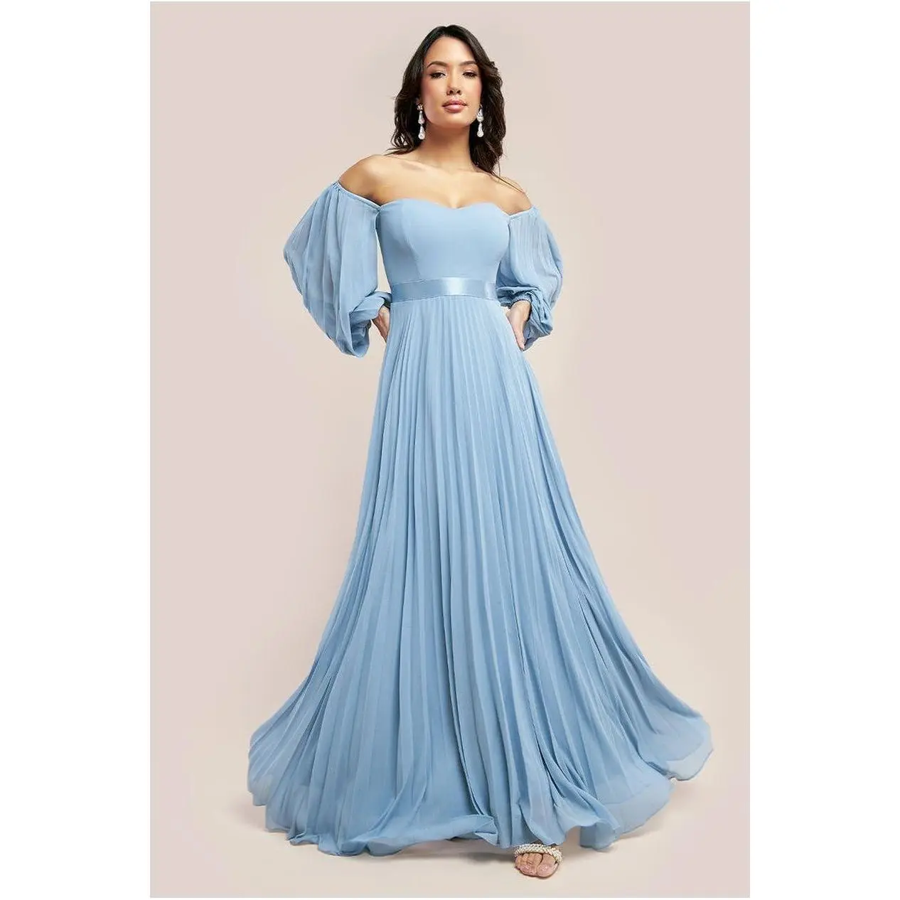 Goddiva Bardot Chiffon Pleated Maxi - Blue