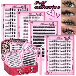 4 Styles Self-Adhesive Lash Cluster Kit, Makeup, Manga/Flora/Sunflower Eyelash Clusters Kit, No Glue Needed Press On Lashes, Pre-Glued Cluster Lashes, Ultra-Thin & Lightweight, Easy Apply for Beginners (D Curl, No Residue, Long Lasting)