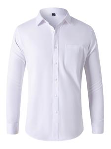 Men's Solid Button Down Shirt, Slim Business Formal Shirts for Spring & Fall, Pocket Long Sleeve White Tops, Occupation Men Clothes for Office Work