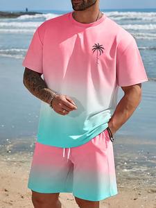 Men's Casual Sportswear Set, Active Wear, Hawaiian Gradient Design, Round Neck Short Sleeve T-Shirt and Elastic Waist Shorts, Summer Outdoor Activities