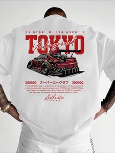 Men's Regular Fit Car & Letter Print Round Neck Tee, Street Fashion Casual Short Sleeve T-Shirt for Daily Wear, Men's Top for All Seasons, Tropical