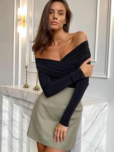 Women's Solid Off Shoulder Cross Wrap Bodysuit, Fashion Casual Long Sleeve Skinny Bodysuit for Daily Outdoor Wear, Elegant Women's Clothing for Fall, Womenswear