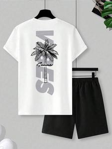 Men's All Over Palm Tree Print Tee & Shorts Set, Regular Fit Casual Short Sleeve T-shirt & Track Shorts, Men's Summer Clothes
