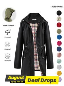Women's Solid Color Drawstring Zip Up Hooded Trench Coat, Casual Long Sleeve Waterproof Windproof Outerwear for Spring & Fall, Ladies Jackets for Daily Wear
