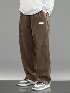 Men's Letter Tape Corduroy Pants, Loose Casual Comfy Straight Leg Trousers for Summer, Woven Bottoms for Men, Clothing