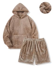 Men's Thermal Zip Design Hoodie & Pants Plush Set, Casual Long Sleeve Hooded Sweatshirt & Jogger Pants, Men's Fall & Winter Clothes