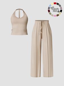 Women's Quick-Dry Tank Top & Bell Bottoms Set, Slim-Fitting Casual, Perfect for Gym & Daily Wear, Trendy 2-Piece Ensemble, Workout Sets