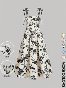 Women's Floral Print Tie Shoulder Cami Dress, Fashion Casual Sleeveless Spaghetti Strap Dress for Daily Outdoor Wear, Women Dress for Summer