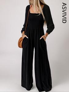 Women's Plain Ruched Shirred Pocket Wide Leg Jumpsuit, Casual Bishop Sleeve Square Neck Jumpsuit for Spring & Fall, Ladies Clothes for Daily Wear