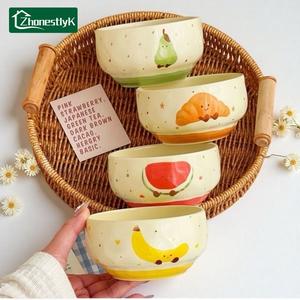 4 Set Cute Fruit Bread Ceramic Food Bowl With Spoon Cartoon Anti-Scald Soup Home Kitchen Noodle Ramen Rice Bowl Couple Tableware Fruit Salad Bowls