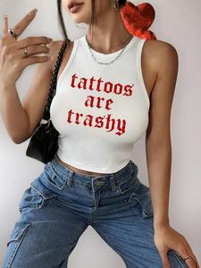 Women's Letter Print Round Neck Crop Tanktop, Soft Sleeveless Cropped Casual Comfy Cami Top for Summer, Fashion Women's Top for Daily Wear, Summer Tops, Womenswear, Lady