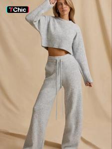 Women's Solid Short Knit Sweater Set, Long Sleeve Loose-Fitting Pullover, Autumn Winter Warmth, Simple Casual Style, Two-Piece Knitted