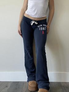 American Vintage Slim-Fit Letter Print Pants, Street Style Drawstring Waist Joggers, Fall & Winter Casual Long Trousers