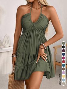 Women's Summer Daily French Retro Vacation Mediterranean Lazy Style Chic Backless Tie Layered Cake Hem Cami Sleeveless Halter Dress Home Outdoor City Regular Trendy Casual Elegant Youthful Simple Versatile Texture Temperament Artistic