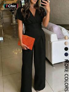Women's Solid ColorWide Leg Jumpsuit, Surplice V-Neck, Short Sleeves, Smocked Elastic Back Waist, Back Keyhole Button Closure, Side Pockets, Drapey Breathable Woven Fabric, Office Work, Cocktail Party & Daily Wear, Elegant Sophisticated Style，1 Piece
