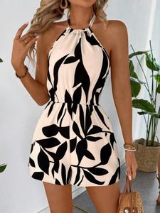 Women's Leaf Print Tie Backless Halter Romper Short, Boho Style Sleeveless Romper for Summer Beach Holiday Vacation, Ladies Clothes for All Seasons