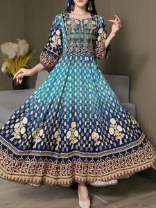 Boho Ethnic Embroidered Maxi Dress, Vintage Long Beach Vacation Skirt, Casual Holiday Travel Gown, Plus Size Women's Clothing