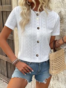 Women's Plain Hollow Out Button Tee, Elegant Casual Short Sleeve Top for Daily Wear, Ladies Clothes for All Seasons