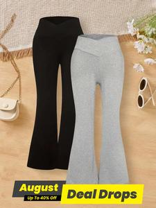 Girl's Solid Rib Flares Leg Pants, Casual Comfy V Waist Trousers for Daily Wear, Kids Bottoms for All Seasons, Soft Sweatpants