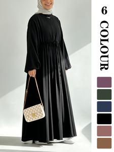 Women's Solid Color Belted Arabian  Dress, Elegant Long Sleeve Round Neck Dress for Daily Wear, Ladies Islamic Clothing for All Seasons