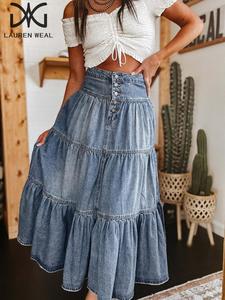 Women's Layered Hem Denim Skirt, Boho Fashion Casual A Line Skirt for Daily Holiday Vacation Wear, Ladies Bottoms for Summer, Chic Elegant Skirt