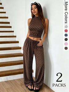 Women's 2 Piece Polka Dot Set, Sleeveless Crop Top & High Waist Drawstring Pants, Casual Ruched Loungewear, Y2K Style, Stretchy Soft Fabric