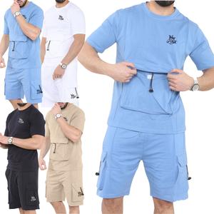 Mens Top & Bottom Set Tracksuit Sportswear Short Sleeve Top & Shorts Cargo Fleece Chest Pockets