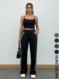 Women's Casual Leopard Print Side Stripe Colorblock Straight Leg Pants with Pockets, All Season Fashion Everyday Bottoms for Daily Wear