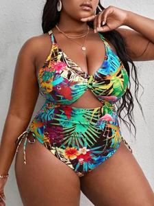 Plus Size Tropical Print Criss Cross Cut Out One-piece Swimsuit, Boho Tie Side Sleeveless Swimwear For Beach Holiday Vacation, Women's Plus Size Swimsuit For Summer