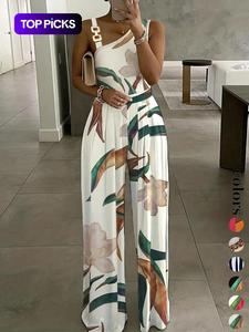 Women's Floral Print Ring Linked Asymmetrical Neck Plicated Jumpsuit, Boho Casual Sleeveless High Waist Wide Leg Jumpsuit for Summer, Fashion Ladies' Clothes for Beach Holiday Vacation, Women's Summer Clothes
