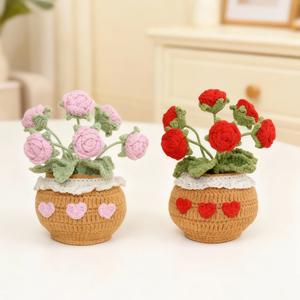 Handmade Crochet Rose Potted Plant, Cute Artificial Potted Plant, Desktop Decorative Ornament for Home Office, Gift for Mom, Teacher, Friend, Fruit