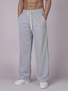 Men's Solid Color Straight Leg Pants, Casual Comfy Loose Fit Pants for Spring & Fall, Men's Trousers for Daily Wear, Socks