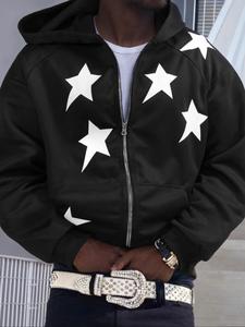 Men's Star Print Zip Up Hooded Jacket, Regular Fit Casual Fashion Comfy Outerwear for Daily Outdoor Wear, Men Clothing for All Seasons