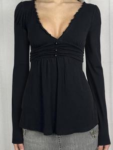 Elegant V Neck Lace Trim Long Sleeve T-Shirt for Women, Basic Autumn Winter A-Line Vintage Style Top, Perfect Casual Wear