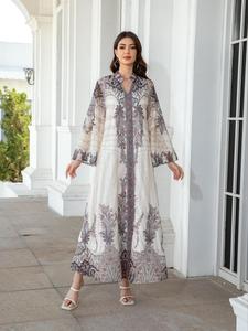 Women's Plants Print Long Sleeve Dress, Elegant Arabic Dress, Muslim Clothing for Women