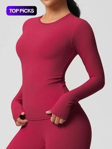 Women's Solid Color Long Sleeve Sports Tee, Fitness Training Top, Casual Comfy Breathable Round Neck T-shirt for Yoga Gym Workout Running, Ladies Sportswear for All Seasons, Everyday Activewear