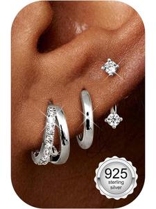 3 Pairs 925 Sterling Silver Stud Hoop Earrings for Women 14K Gold Plated Hypoallergenic Earrings Stacks with Cubic Zirconia Huggie Silver Earrings Sets for Multiple Piercings Gold/Silver Hypoallergenic Cz Earrings