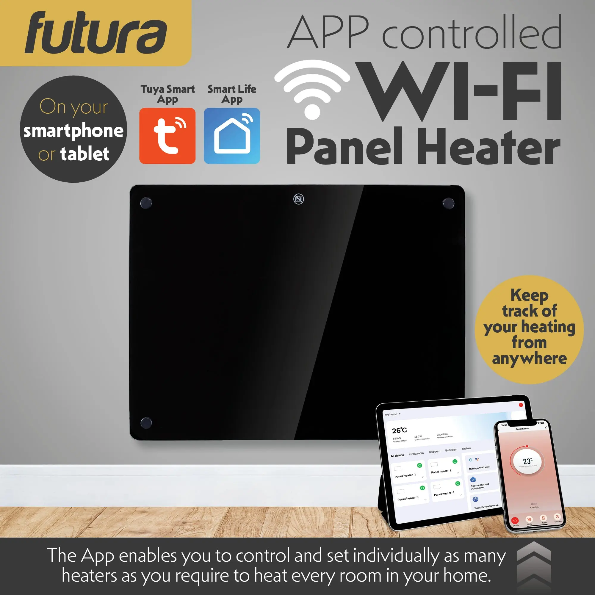 Futura 1000W Black Glass Electric Panel Heater WiFi Wall Mounted