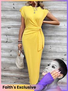 Women's Ruched Knot Front Bodycon Dress, Casual Batwing Sleeve Round Neck Long Dress, Ladies Clothes for Daily Wear
