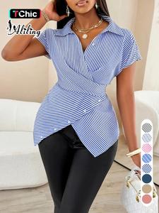 Women's Striped Print Shirt, Casual Short Sleeve Top for Summer, Ladies Clothes for Daily Wear