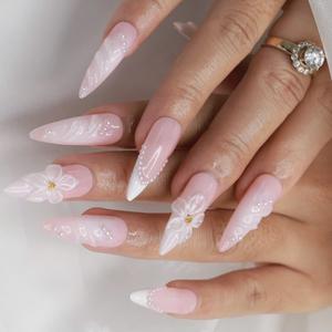 Romantic Pink French Tip Bridal Press On Nails with 3D White Flowers & Pearls | Elegant Wedding Gift for Her