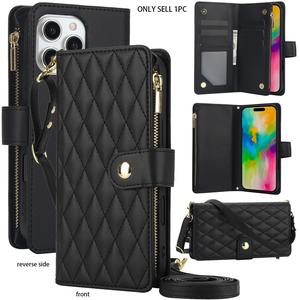 Quilted Pattern Phone Case with Card Holder, Adjustable Crossbody Zipper Purse Case with Kickstand Detachable Wrist Strap, Flip Folio Case for iPhoneiPhone 17Air16e/ 16/ 15/ 14/ 13/ 12/ 11 Pro Max, Screen Protector