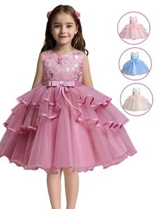Girls' Flower Embroidery Belted Tulle Dress, Elegant Sleeveless Round Neck Formal  Dress for Party Wedding Guest, Kids Clothes for All Seasons, Tulle Overlay Dress