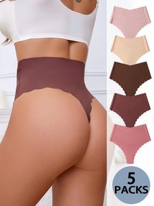 5-Pack Wave-Hem Thongs, Comfortable Breathable Ice Silk Seamless High-Waisted Women's Underwear, Casual Fitted High-Waisted Panties, All-Season Aesthetics
