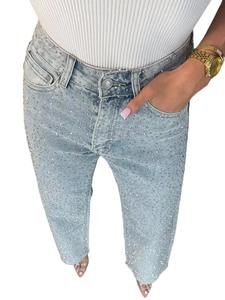 Women's High Waist Straight Leg Jeans, Rhinestone Embellished Washed Denim Jeans, Casual Fashion Long Trousers for Women