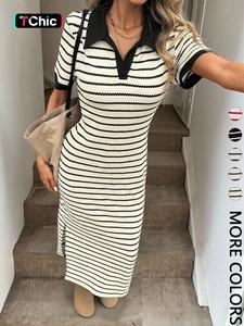 Women's Casual Polo Neck Striped Knit Dress, Split Hem, Perfect for Back-To-School, Vacation, Office, Fall Vintage Style